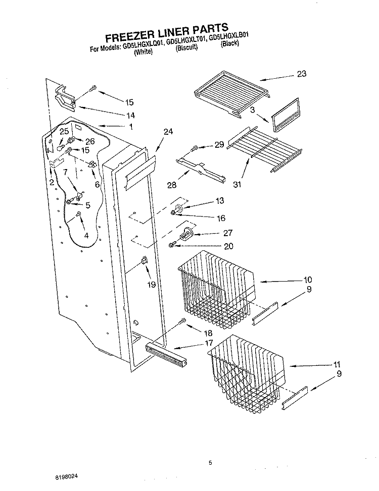 FREEZER LINER Diagram and Parts List for GD5LHGXLT01  Whirlpool Refrigerator