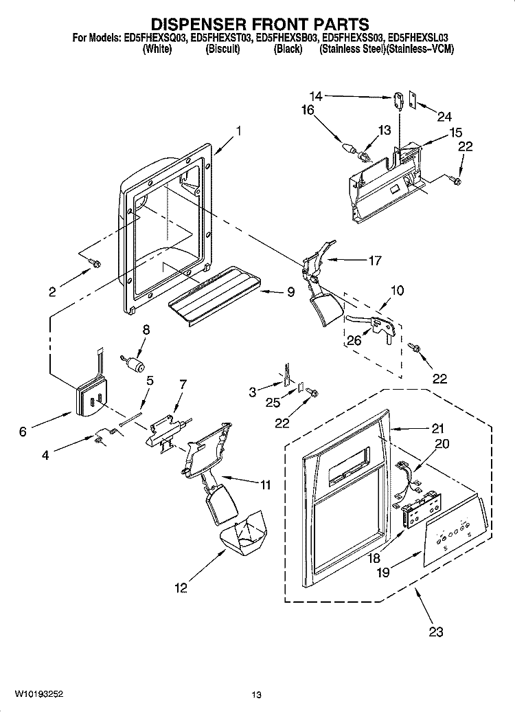 DISPENSER FRONT PARTS Diagram and Parts List for ED5FHEXSB03  Whirlpool Refrigerator