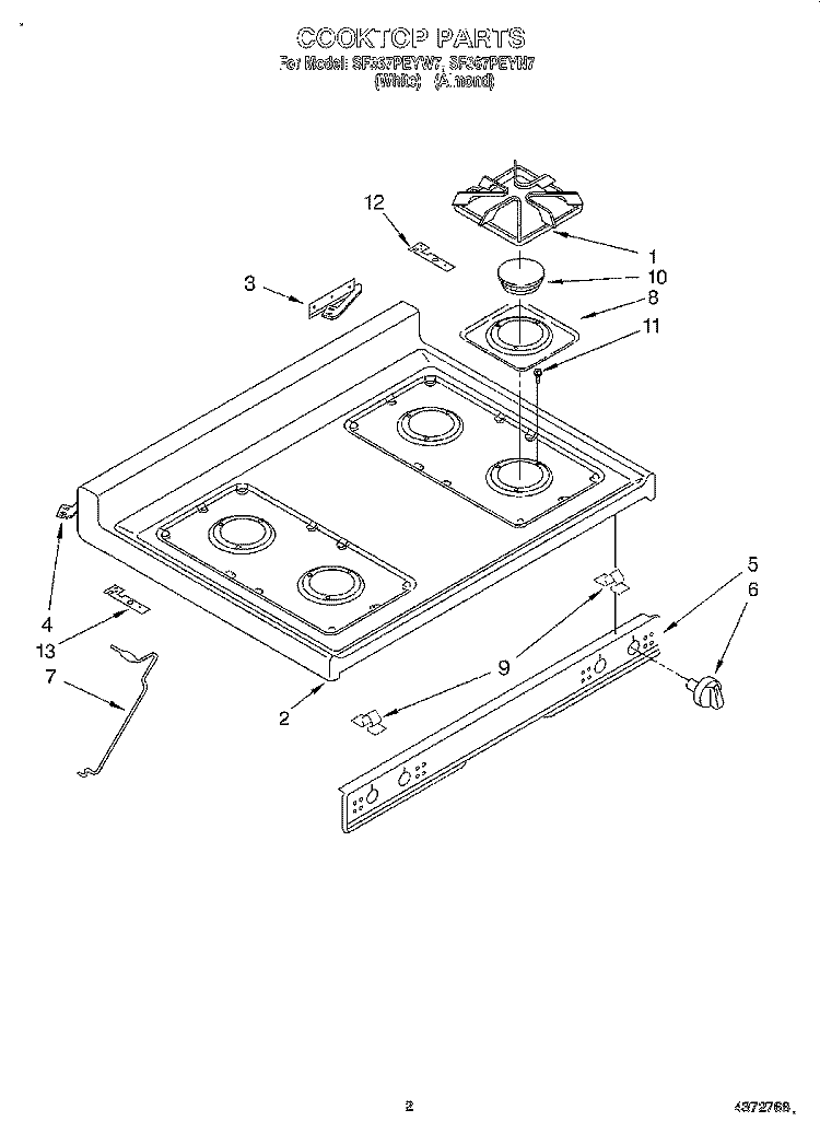 COOKTOP Diagram and Parts List for SF367PEYW7  Whirlpool Range