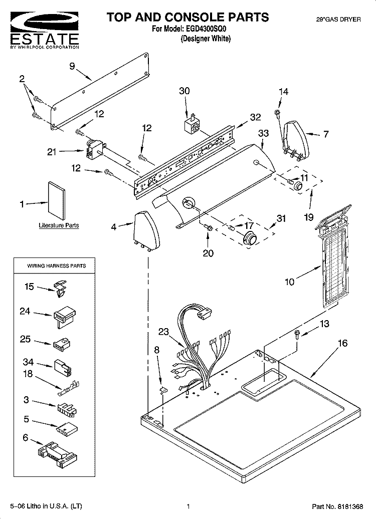 TOP AND CONSOLE PARTS Diagram and Parts List for EGD4300SQ0  Estate Dryer