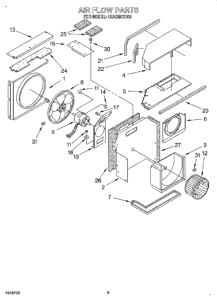 AIR FLOW Diagram and Parts List for 4XACM07DD0  Whirlpool Air Conditioner