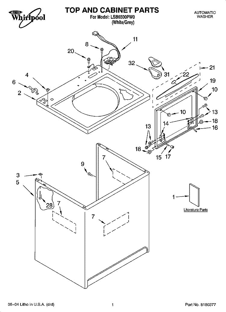 TOP AND CABINET PARTS Diagram and Parts List for LSB6500PW0  Whirlpool Washer