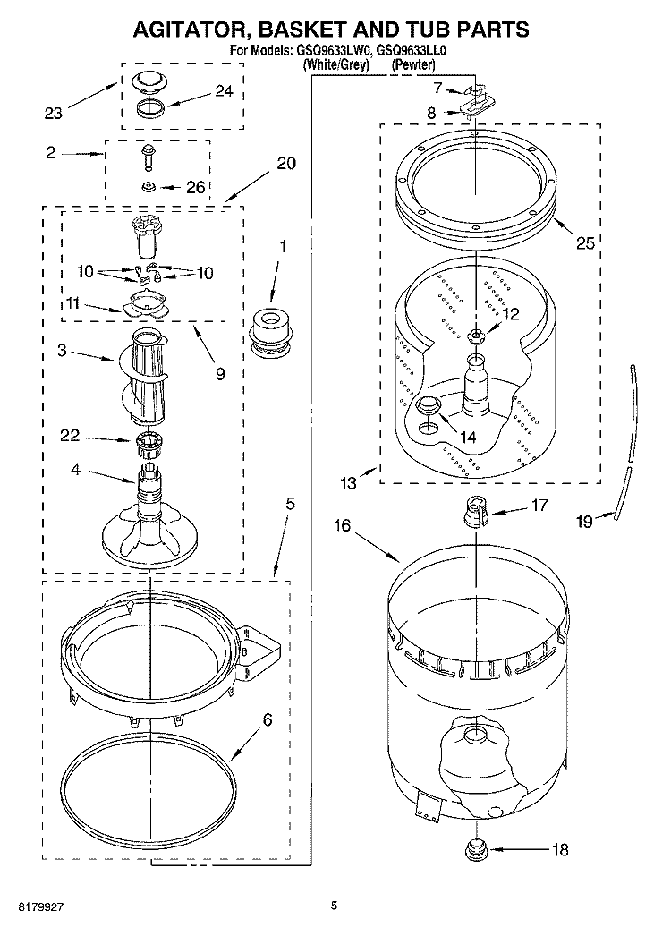AGITATOR, BASKET AND TUB Diagram and Parts List for GSQ9633LL0  Whirlpool Washer