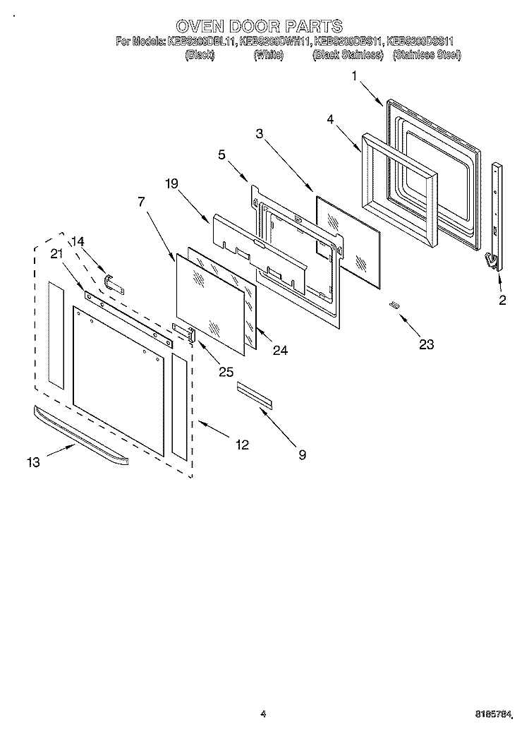 OVEN DOOR Diagram and Parts List for KEBS208DBS11  KitchenAid Wall Oven
