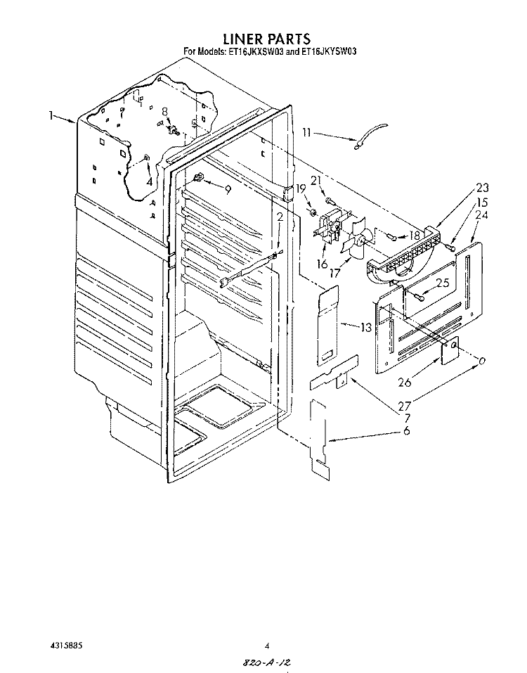 LINER Diagram and Parts List for ET16JKYSM03  Whirlpool Refrigerator