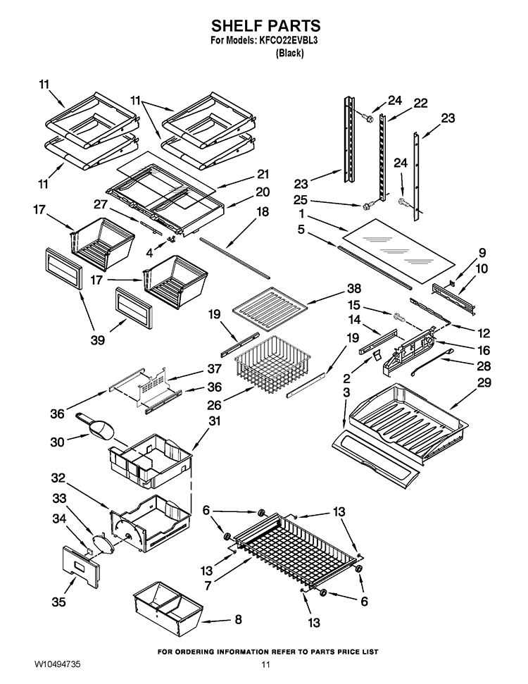 SHELF PARTS Diagram and Parts List for KFCO22EVBL3  KitchenAid Refrigerator