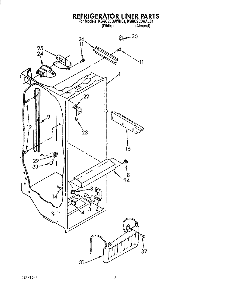 REFRIGERATOR LINER Diagram and Parts List for KSRC25DAWH01  KitchenAid Refrigerator