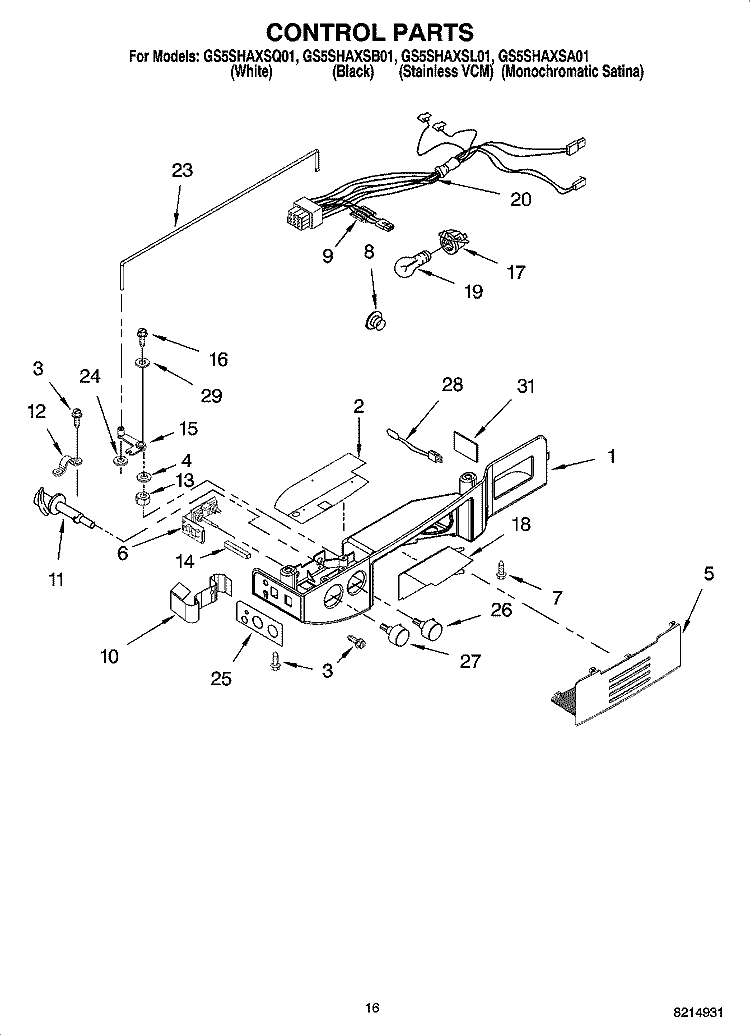 CONTROL PARTS Diagram and Parts List for GS5SHAXSA01  Whirlpool Refrigerator