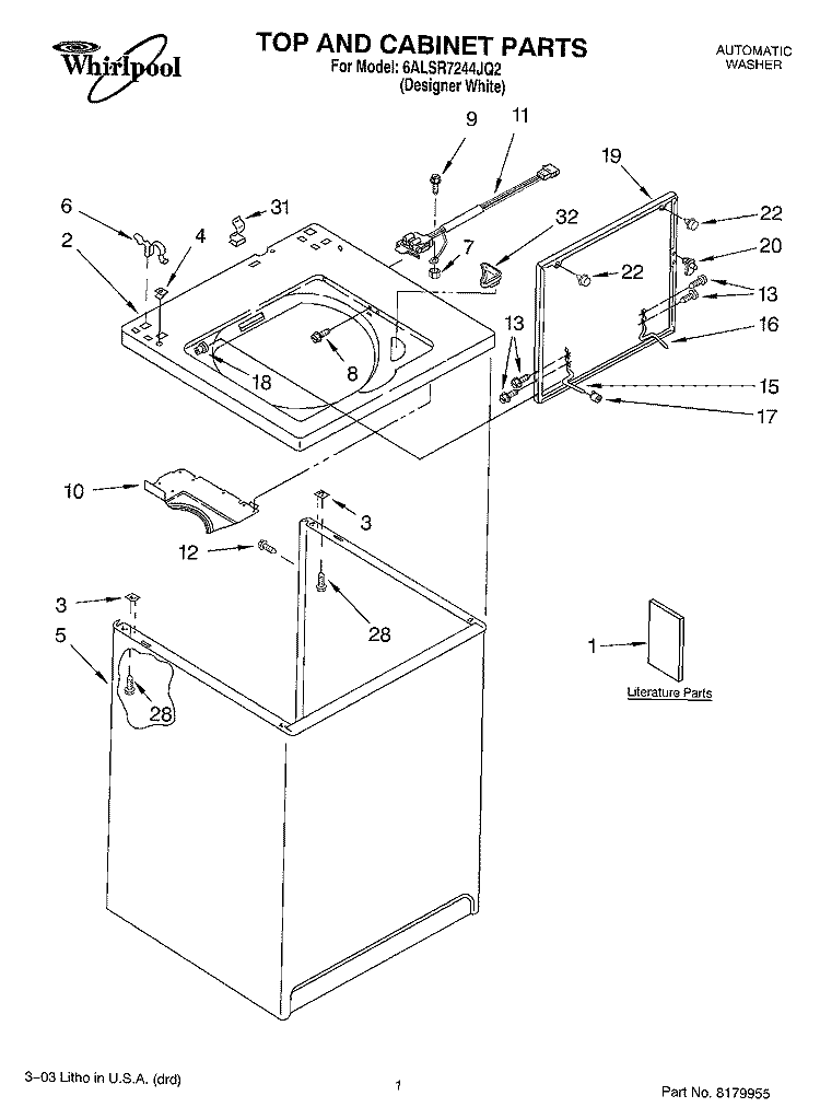 TOP AND CABINET PARTS Diagram and Parts List for 6ALSR7244JQ2  Whirlpool Washer