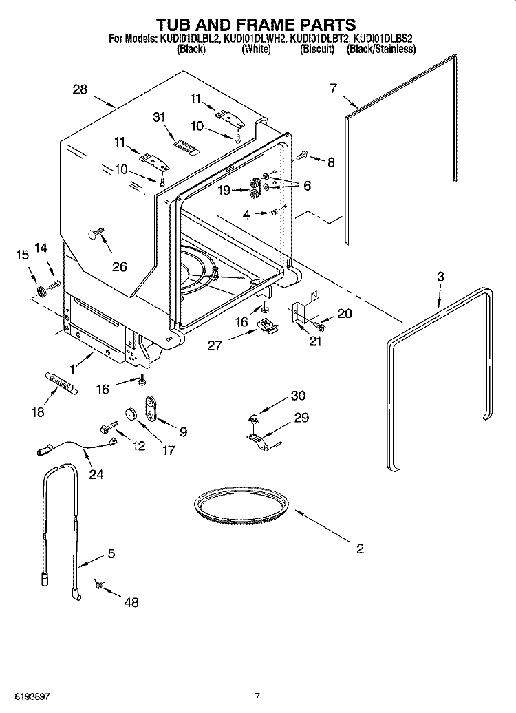 TUB AND FRAME PARTS Diagram and Parts List for KUDI01DLBS2  KitchenAid Dishwasher