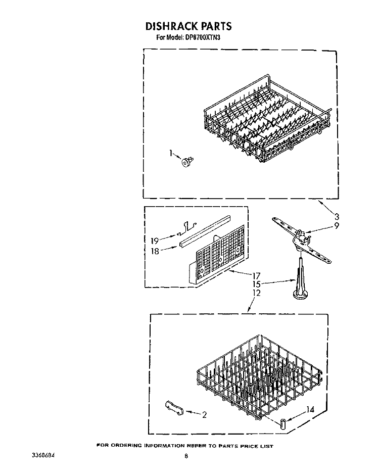 DISHRACK Diagram and Parts List for DP8700XTN3  Whirlpool Dishwasher