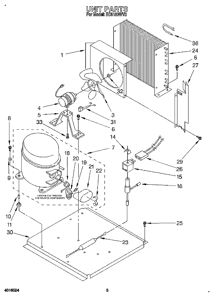 UNIT Diagram and Parts List for EC5150WV2  Whirlpool Ice Maker