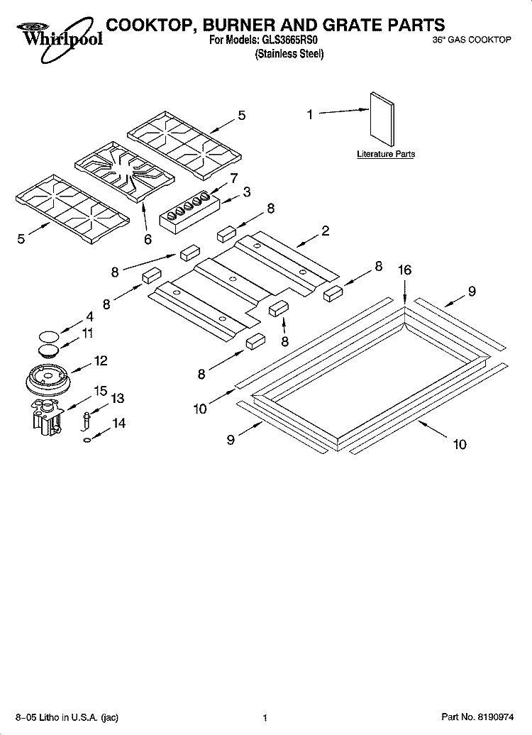 COOKTOP, BURNER AND GRATE PARTS Diagram and Parts List for GLS3665RS0  Whirlpool Cooktop