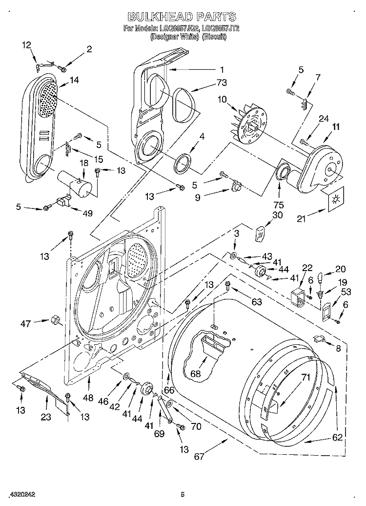 BULKHEAD Diagram and Parts List for LGQ8857JT2  Whirlpool Dryer