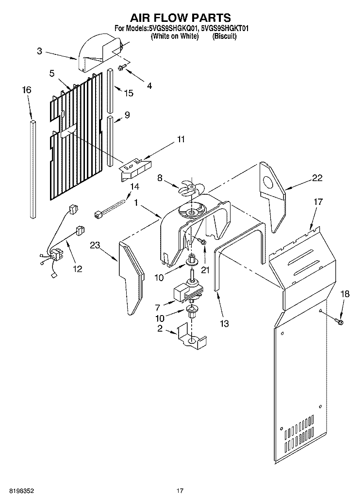 AIR FLOW Diagram and Parts List for 5VGS9SHGKQ01  Whirlpool Refrigerator