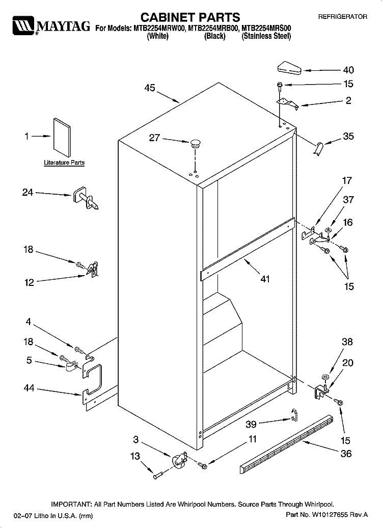 CABINET PARTS Diagram and Parts List for MTB2254MRS00  Whirlpool Refrigerator