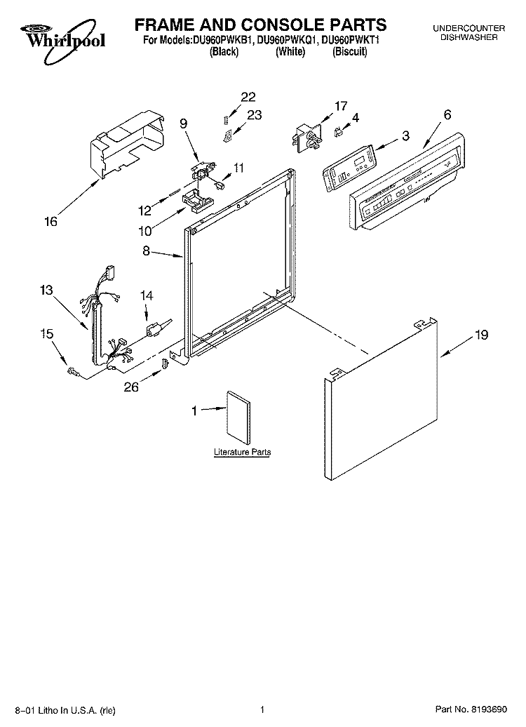 FRAME AND CONSOLE, LITERATURE Diagram and Parts List for DU960PWKB1  Whirlpool Dishwasher