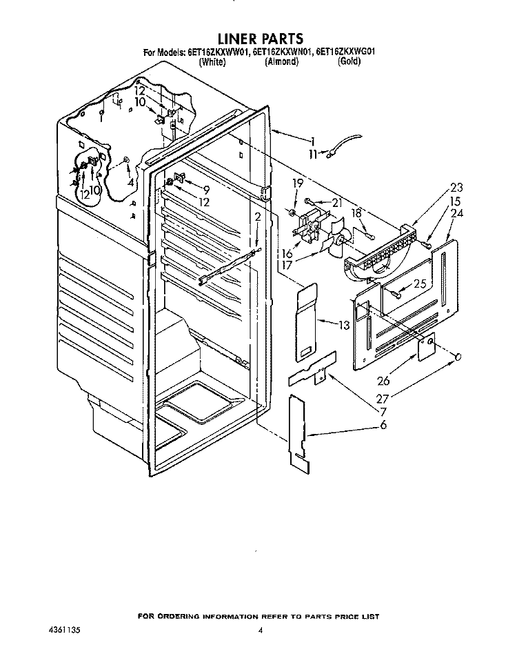 LINER Diagram and Parts List for 6ET16ZKXWN01  Whirlpool Refrigerator
