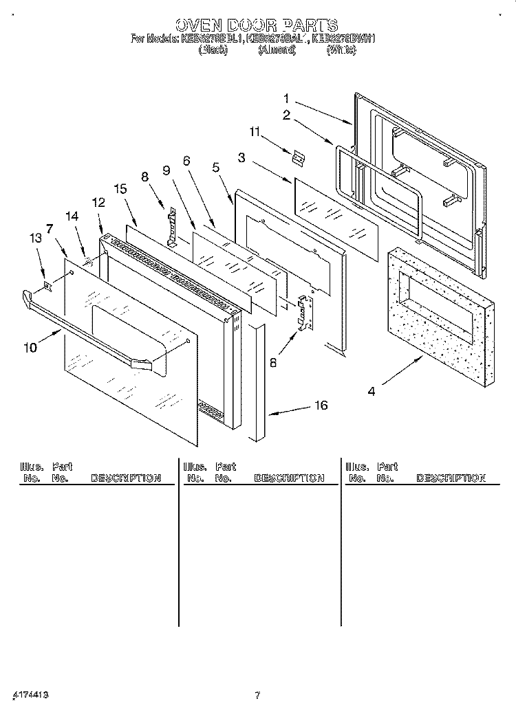 OVEN DOOR Diagram and Parts List for KEBS278BWH1  KitchenAid Wall Oven