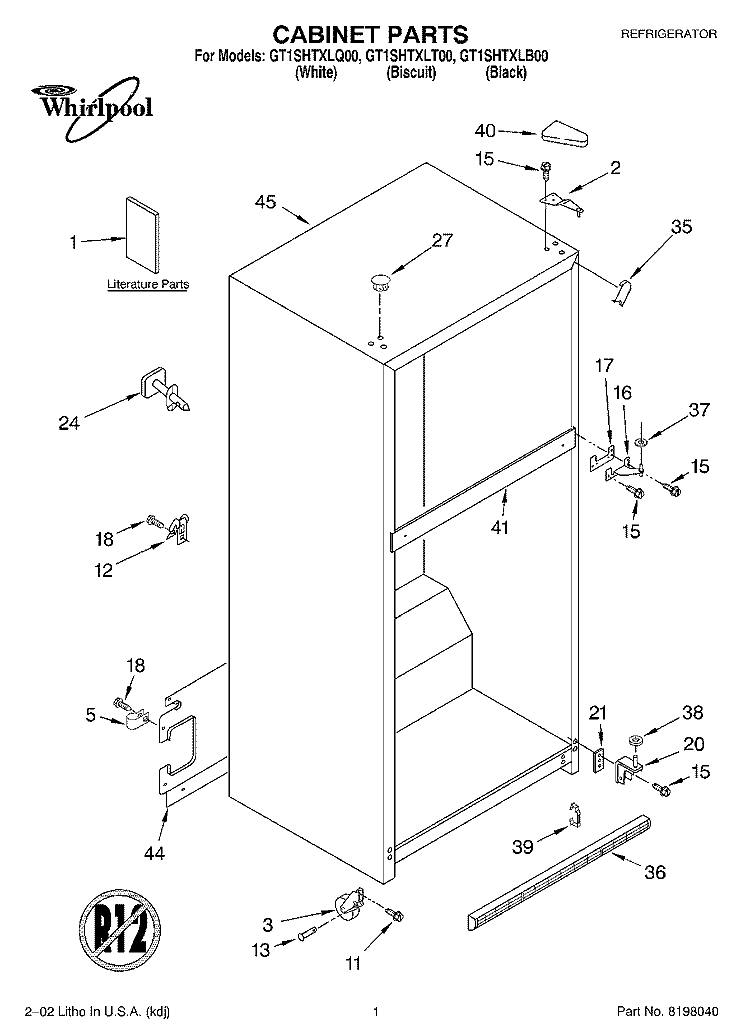 CABINET, LITERATURE Diagram and Parts List for GT1SHTXLT00  Whirlpool Refrigerator
