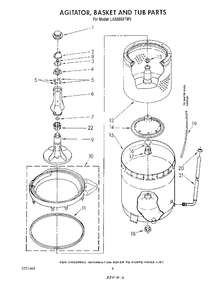 AGITATOR, BASKET AND TUB Diagram and Parts List for LA5668XTW0  Whirlpool Washer