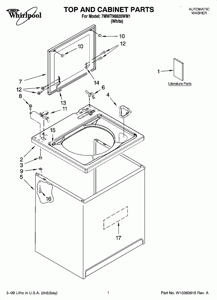 TOP AND CABINET PARTS Diagram and Parts List for 7MWT98820WM1  Whirlpool Washer