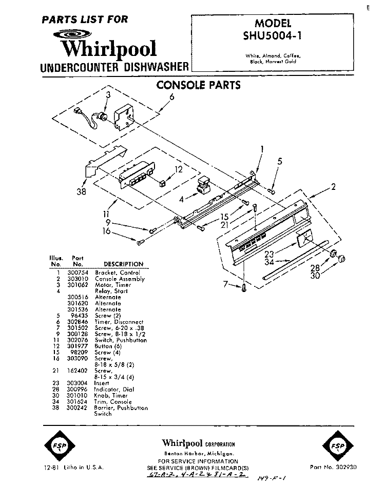 CONSOLE Diagram and Parts List for SHU50041  Whirlpool Dishwasher