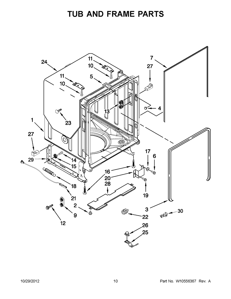 TUB AND FRAME PARTS Diagram and Parts List for KUDE20IXWH9  KitchenAid Dishwasher