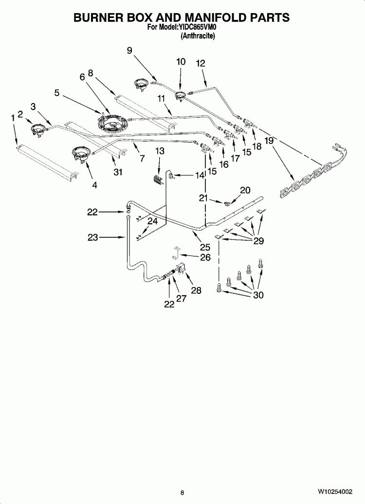 BURNER BOX AND MANIFOLD PARTS Diagram and Parts List for YIDC865VM0  Whirlpool Range