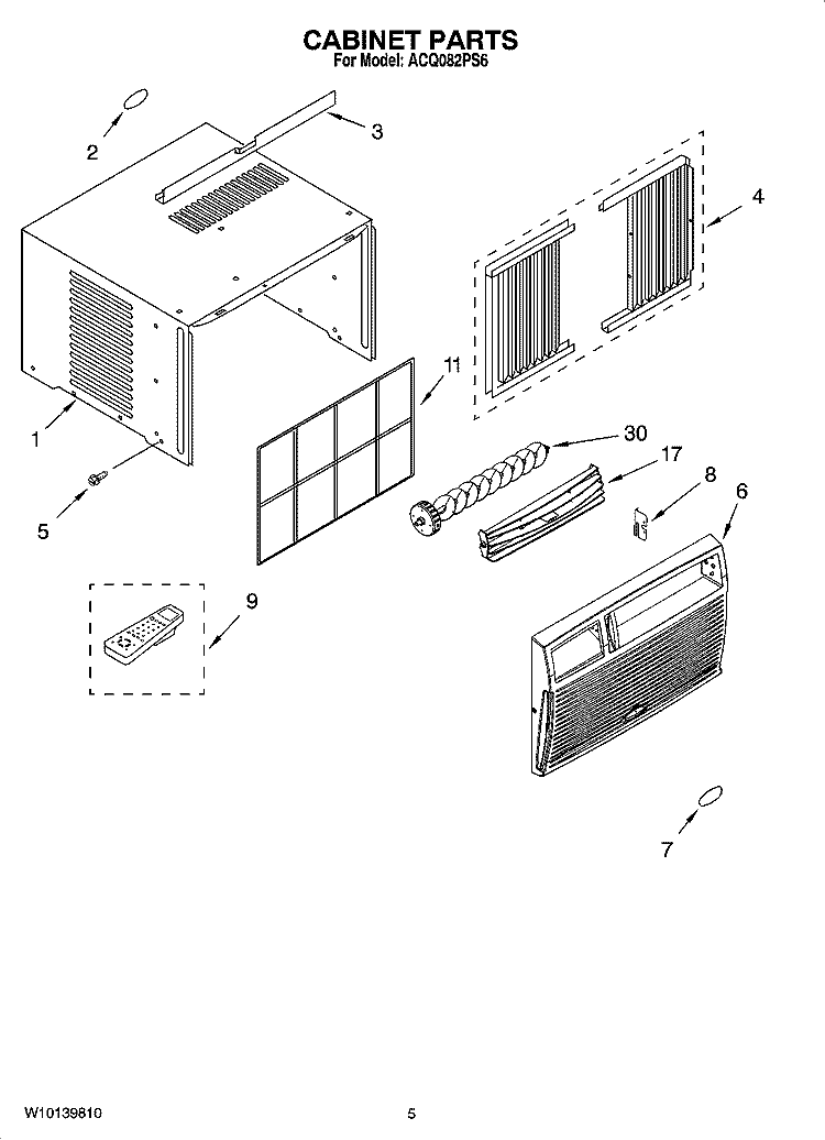CABINET PARTS Diagram and Parts List for ACQ082PS6  Whirlpool Air Conditioner