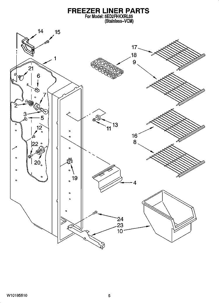 FREEZER LINER PARTS Diagram and Parts List for 5ED2FHKXRL05  Whirlpool Refrigerator