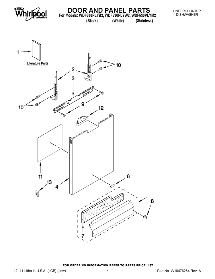 DOOR AND PANEL PARTS Diagram and Parts List for WDF530PLYB2  Whirlpool Dishwasher