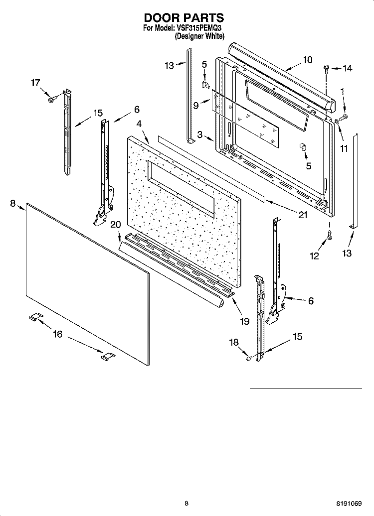 DOOR PARTS, OPTIONAL PARTS Diagram and Parts List for VSF315PEMQ3  Whirlpool Range