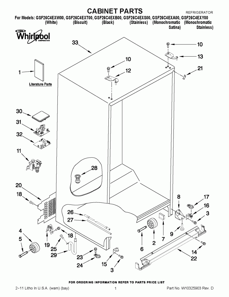CABINET PARTS Diagram and Parts List for GSF26C4EXW00  Whirlpool Refrigerator