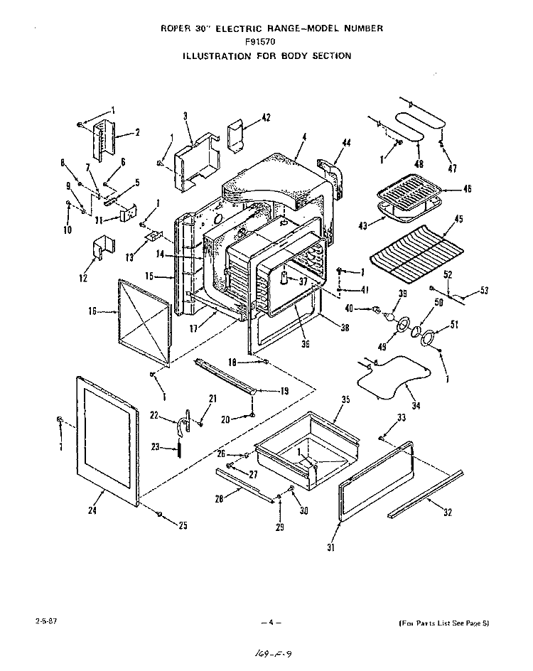 BODY Diagram and Parts List for F9157W0  Roper Range