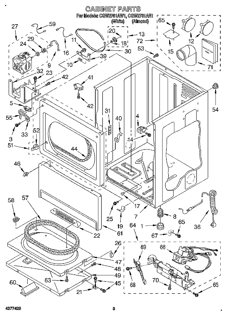 CABINET Diagram and Parts List for CGW2761AW1  Whirlpool Dryer
