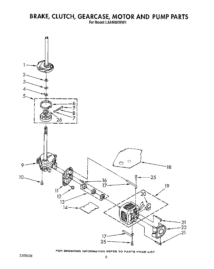 BRAKE, CLUTCH, GEARCASE, MOTOR AND PUMP Diagram and Parts List for LA8400XWF1  Whirlpool Washer