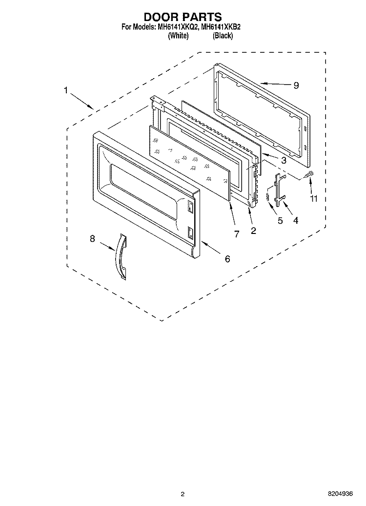 DOOR PARTS Diagram and Parts List for MH6141XKB2  Whirlpool Microwave