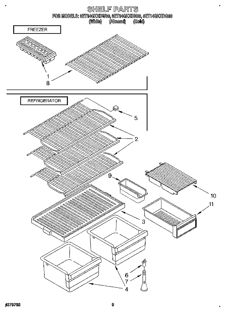SHELF, LIT/OPTIONAL Diagram and Parts List for 8ET14GKXDW00  Whirlpool Refrigerator