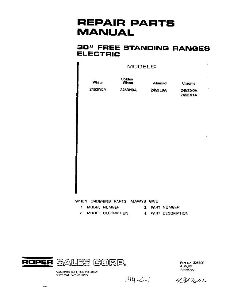 MAIN TOP Diagram and Parts List for 2453W0A  Roper Range