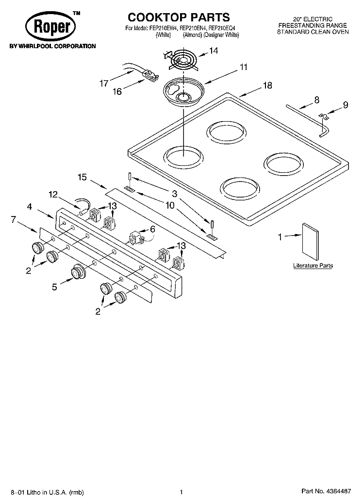 COOKTOP, LITERATURE Diagram and Parts List for FEP210EN4  Roper Range
