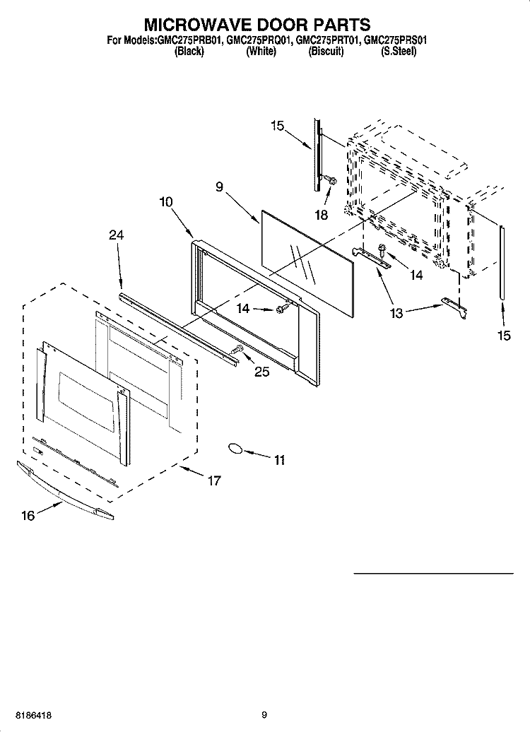 MICROWAVE DOOR PARTS Diagram and Parts List for GMC275PRQ01  Whirlpool Microwave Oven Combo
