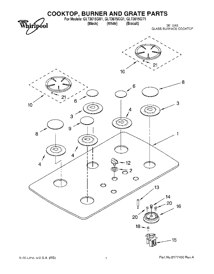 SECTION Diagram and Parts List for GLT3615GT1  Whirlpool Cooktop