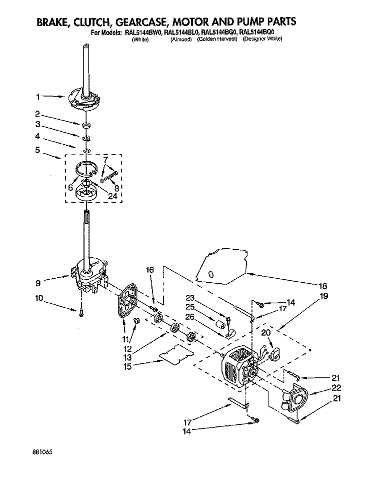 BRAKE, CLUTCH, GEARCASE, MOTOR & PUMP Diagram and Parts List for RAL5144BQ0  Whirlpool Washer