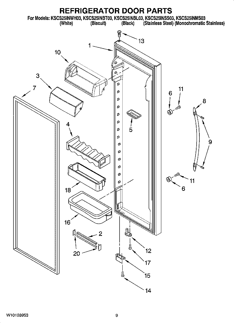 REFRIGERATOR DOOR PARTS Diagram and Parts List for KSCS25INWH03  KitchenAid Refrigerator