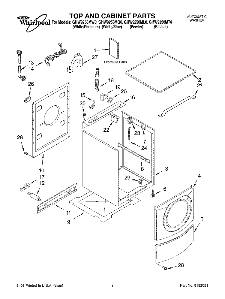 TOP AND CABINET PARTS Diagram and Parts List for GHW9250MQ0  Whirlpool Washer