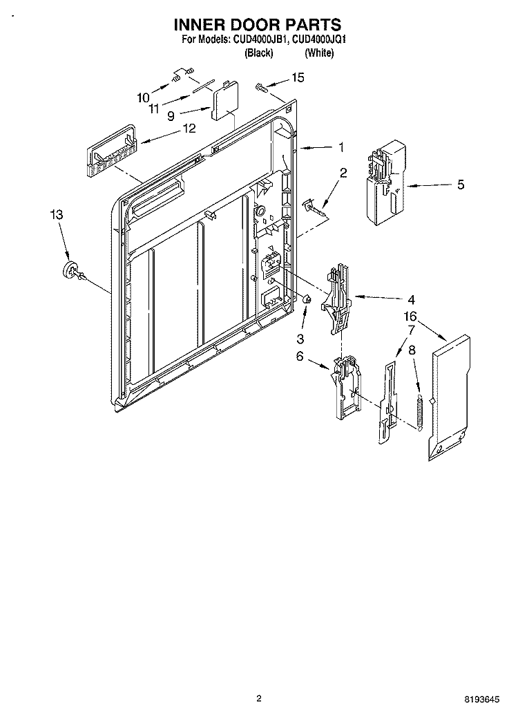 INNER DOOR Diagram and Parts List for CUD4000JB1  Crosley Dishwasher