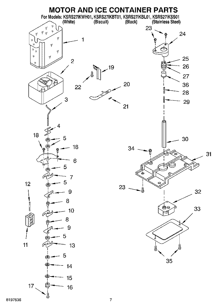 MOTOR AND ICE CONTAINER Diagram and Parts List for KSRS27IKBL01  KitchenAid Refrigerator