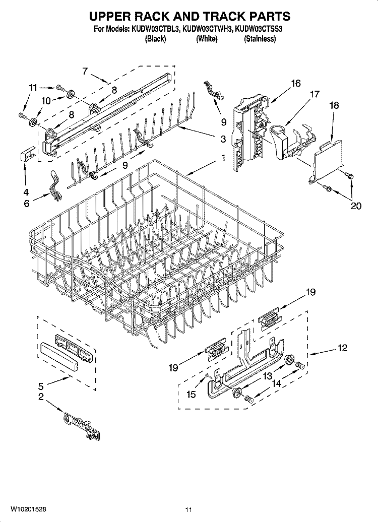 UPPER RACK AND TRACK PARTS Diagram and Parts List for KUDW03CTBL3  KitchenAid Dishwasher
