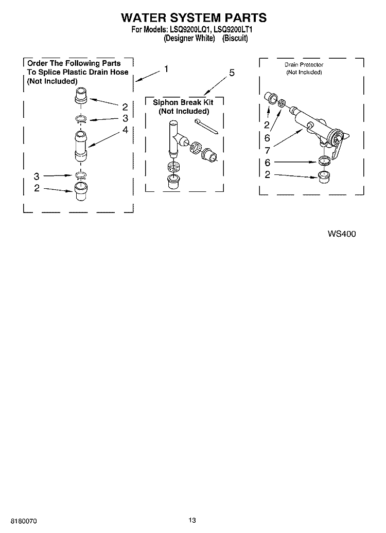 WATER SYSTEM PARTS, MISCELLANEOUS PARTS Diagram and Parts List for LSQ9200LT1  Whirlpool Washer